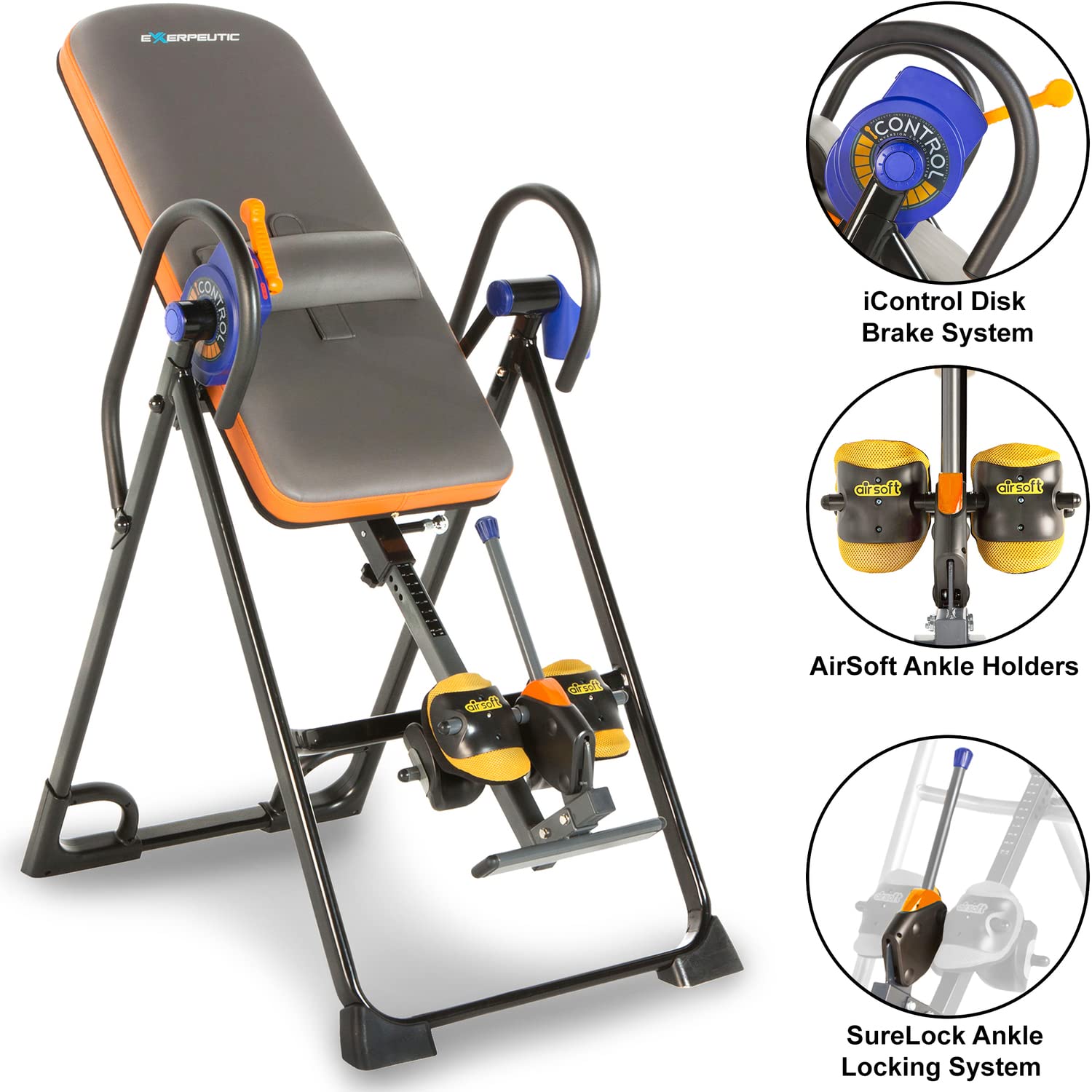 EXERPEUTIC 975SL 'All Inclusive' Inversionstisch mit extra Kapazität, mit Soft-Knöchelpolstern, Surelock und iControl-Systemen, Kühles Grau und Orange, Schwarz