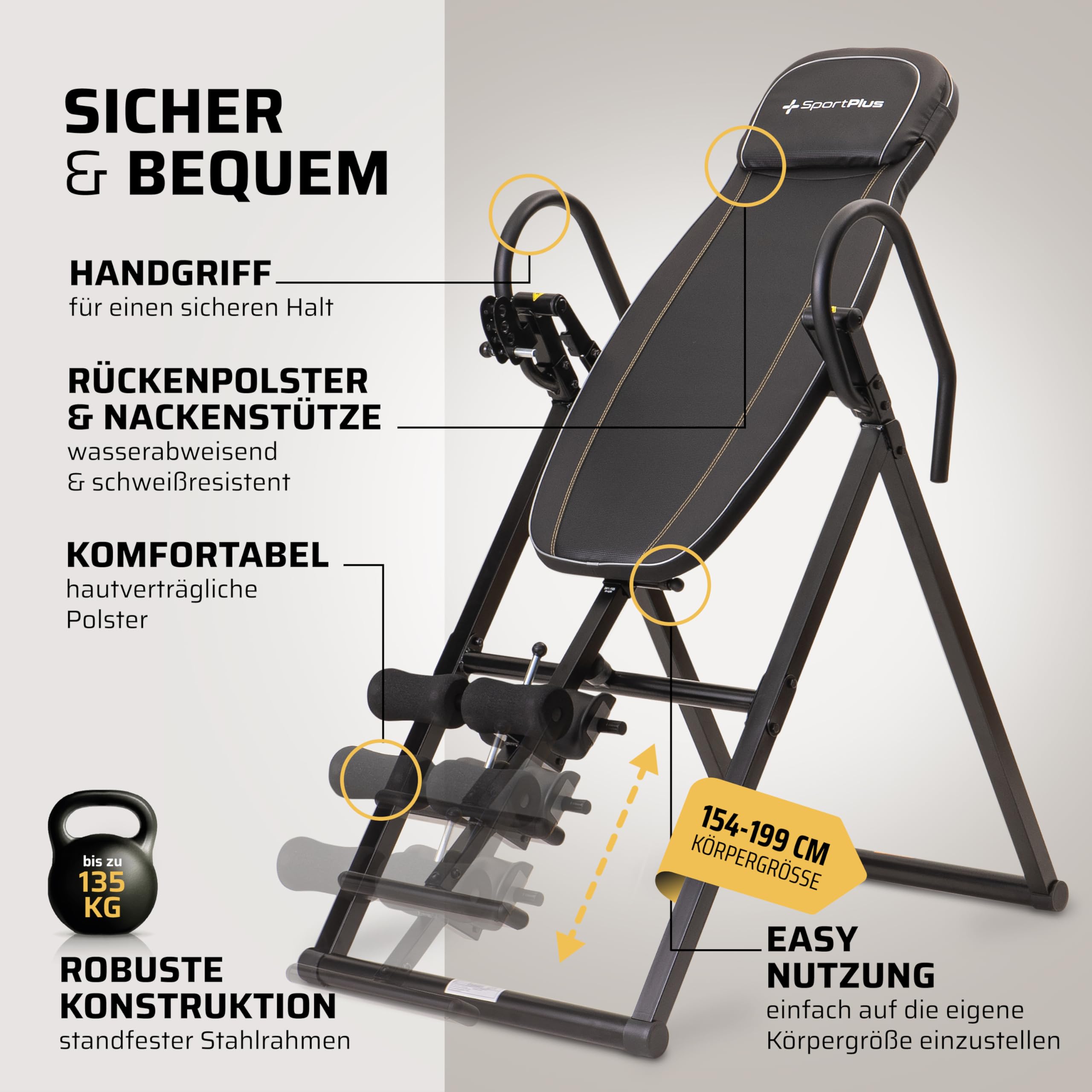 SportPlus Inversionsbank für zuhause, klappbarer Schwerkrafttrainer, Inversion Table mit 4 Inversionswinkel, Streckbank zur Entlastung der Wirbelsäule, Rückenstrecker mit Nutzergewicht bis 135 kg