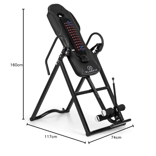 Klarfit Ease Delux - Inversionsbank, Schwerkrafttrainer, Rückentrainer, Inversionstisch, Entlastung der Wirbelsäule, bis 136kg Körpergewicht, Wärme-und Massagefunktion, schwarz
