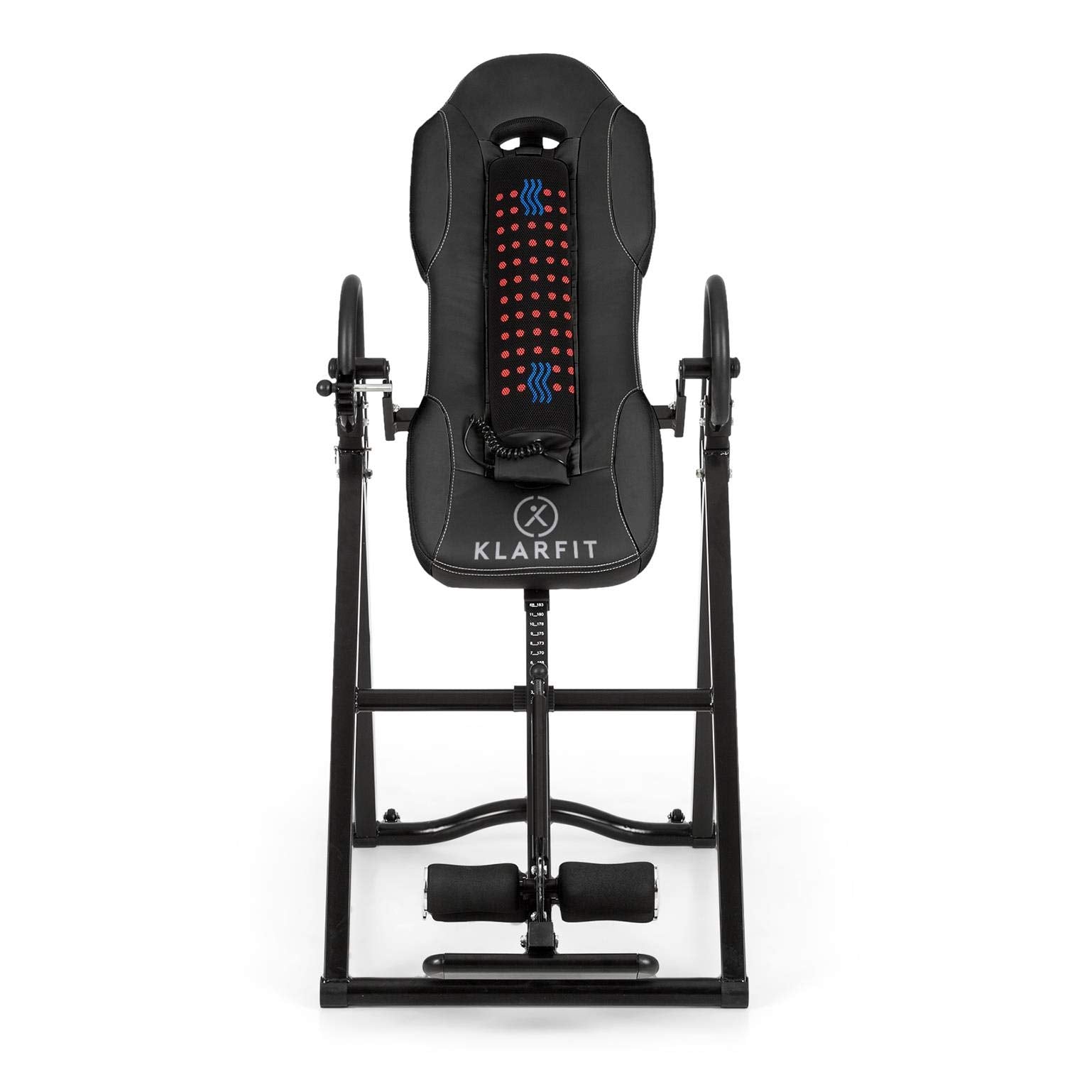 Klarfit Ease Delux - Inversionsbank, Schwerkrafttrainer, Rückentrainer, Inversionstisch, Entlastung der Wirbelsäule, bis 136kg Körpergewicht, Wärme-und Massagefunktion, schwarz