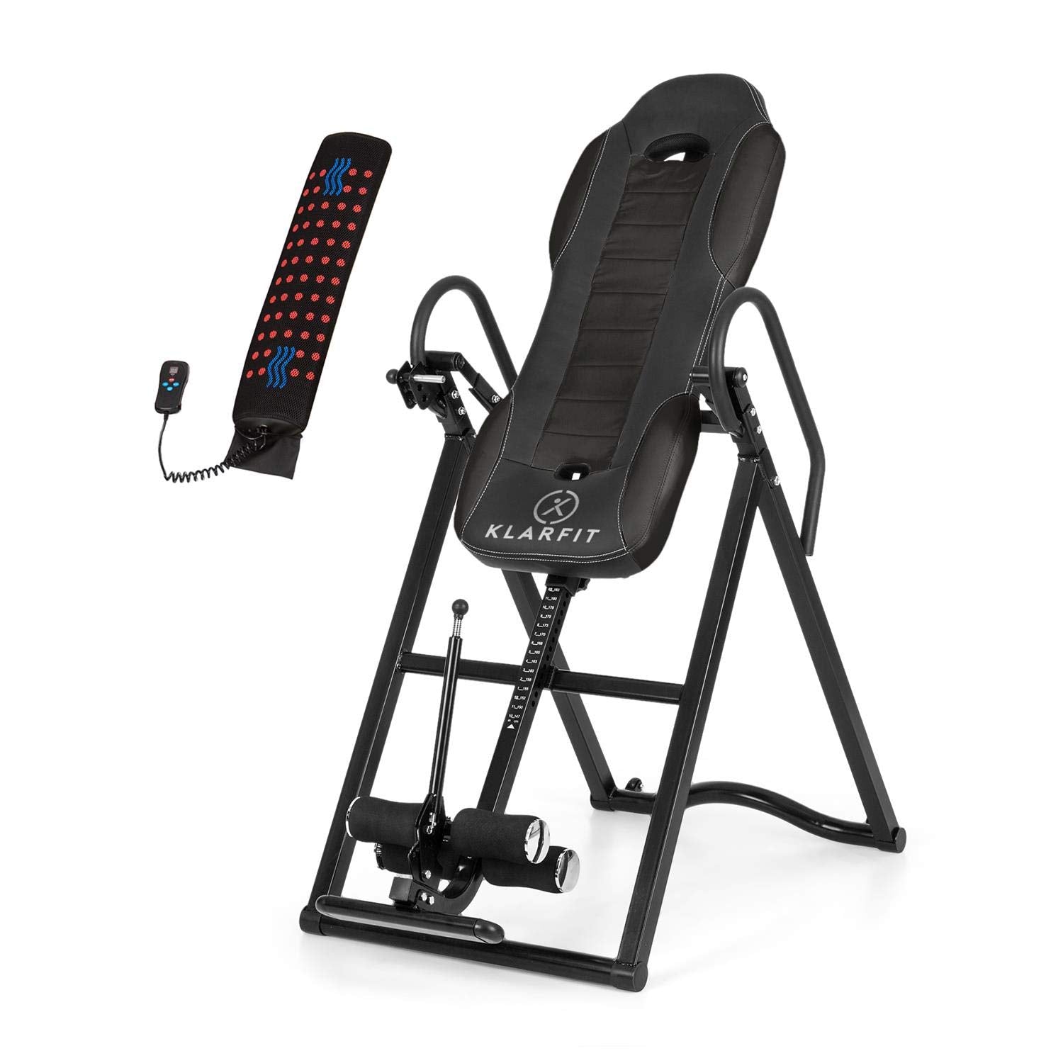 Klarfit Ease Delux - Inversionsbank, Schwerkrafttrainer, Rückentrainer, Inversionstisch, Entlastung der Wirbelsäule, bis 136kg Körpergewicht, Wärme-und Massagefunktion, schwarz