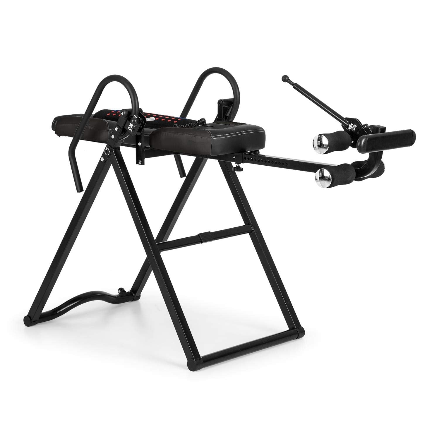 Klarfit Ease Delux - Inversionsbank, Schwerkrafttrainer, Rückentrainer, Inversionstisch, Entlastung der Wirbelsäule, bis 136kg Körpergewicht, Wärme-und Massagefunktion, schwarz