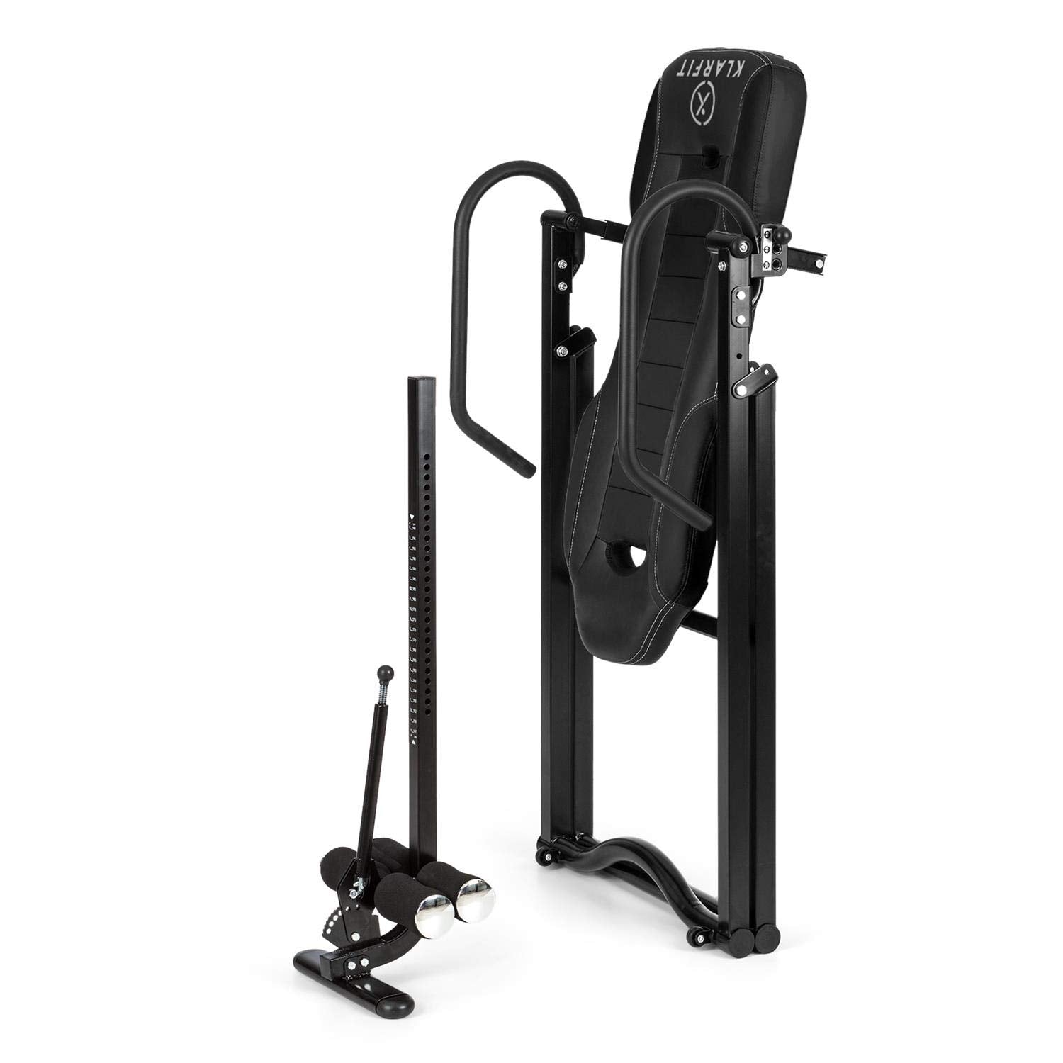 Klarfit Ease Delux - Inversionsbank, Schwerkrafttrainer, Rückentrainer, Inversionstisch, Entlastung der Wirbelsäule, bis 136kg Körpergewicht, Wärme-und Massagefunktion, schwarz