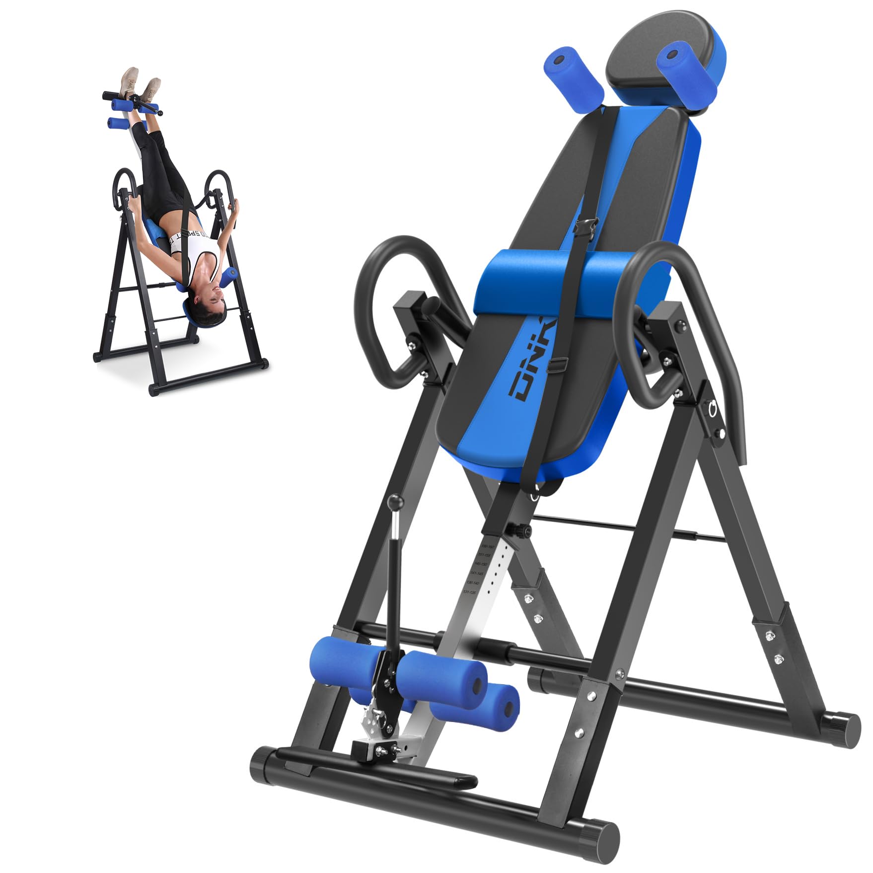 DnKelar Inversionsbank, klappbarer Schwerkrafttrainer, Inversion Table mit 3 Inversionswinkel, Streckbank zur Entlastung der Wirbelsäule, Nutzergewicht bis 150kg, Rückenstrecker (Blau und Schwarz)