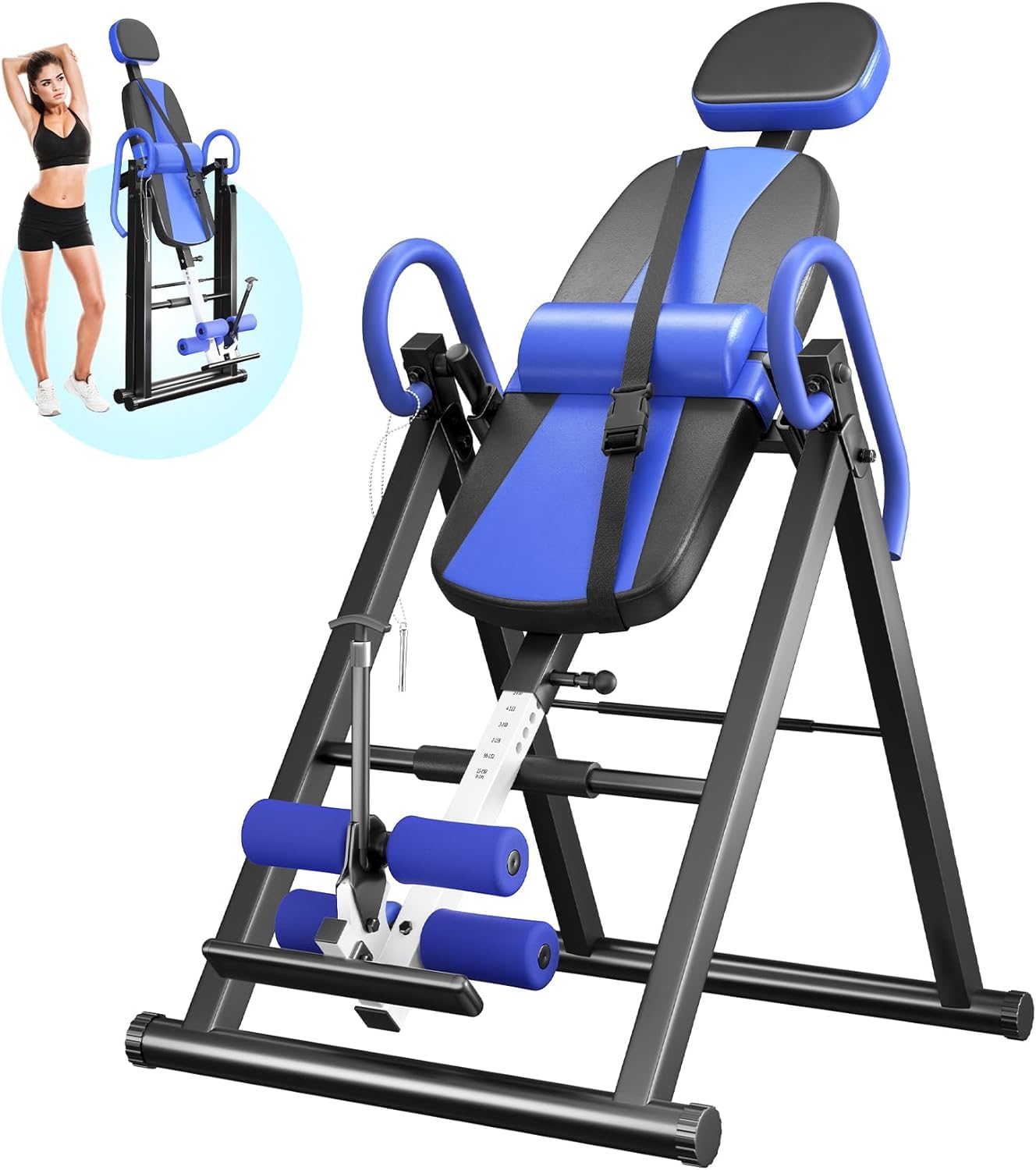 YOLEO Verstellbarer/Faltbarer Inversionsbank Mit Dreifacher Sicherheitsverriegelung, Schwerkraftrainer Mit Sicherheitsgurt Für Die Therapie Zur Linderung Von Rücken-/Nackenschmerzen(Blau)