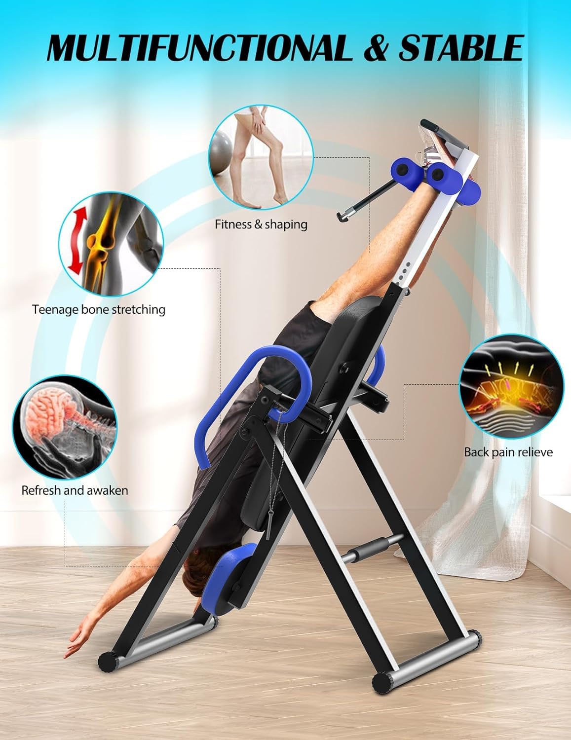 YOLEO Verstellbarer/Faltbarer Inversionsbank Mit Dreifacher Sicherheitsverriegelung, Schwerkraftrainer Mit Sicherheitsgurt Für Die Therapie Zur Linderung Von Rücken-/Nackenschmerzen(Blau)