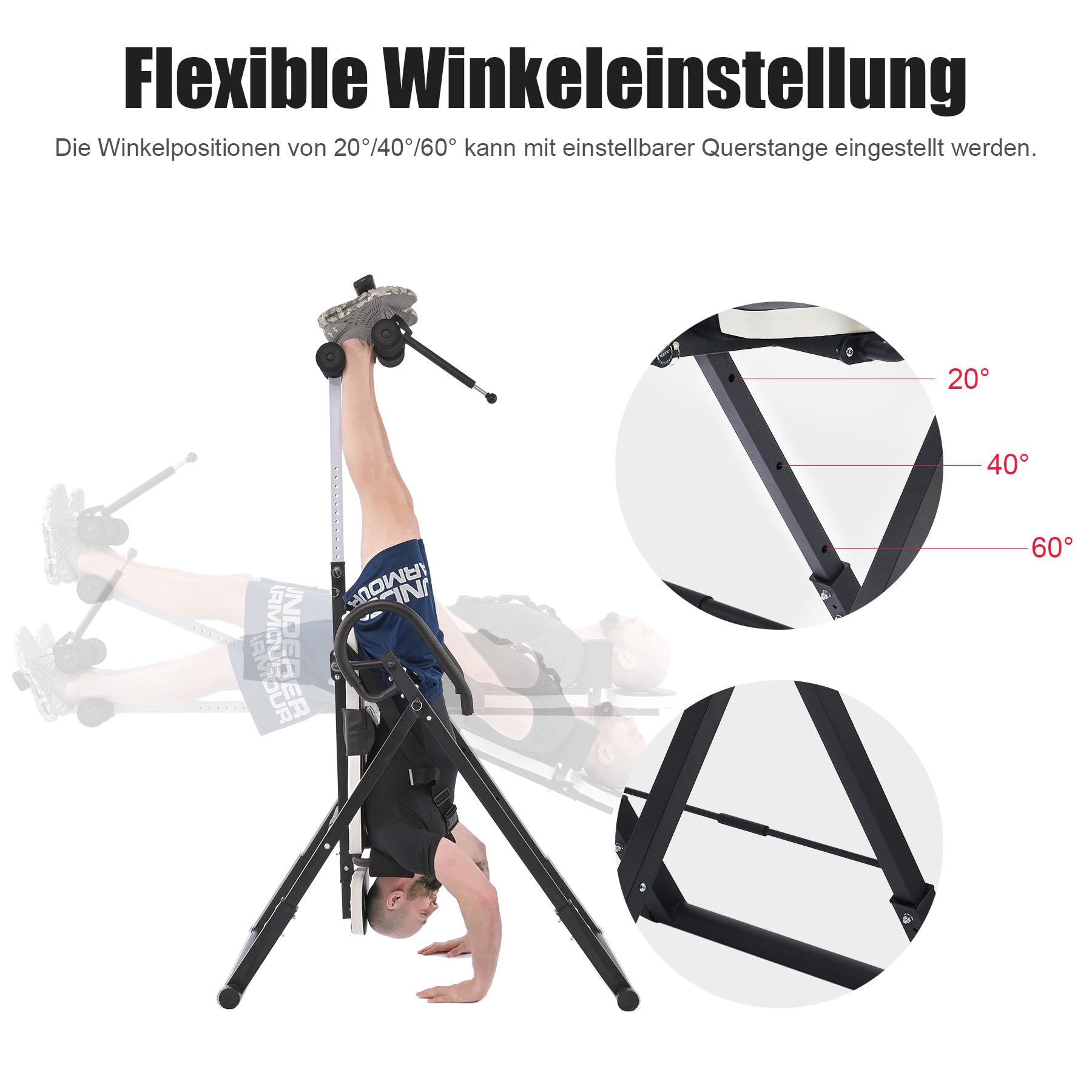 ZELUS Inversionsbank Klappbar Inversionstisch mit Verstellbarer Kopfstütze, Schutzgürtel Schwerkrafttrainer mit 4 Inversionswinkeln Multifunktionsgerät Rückentrainer 150 kg Bauchtrainer Weiß &Schwarz