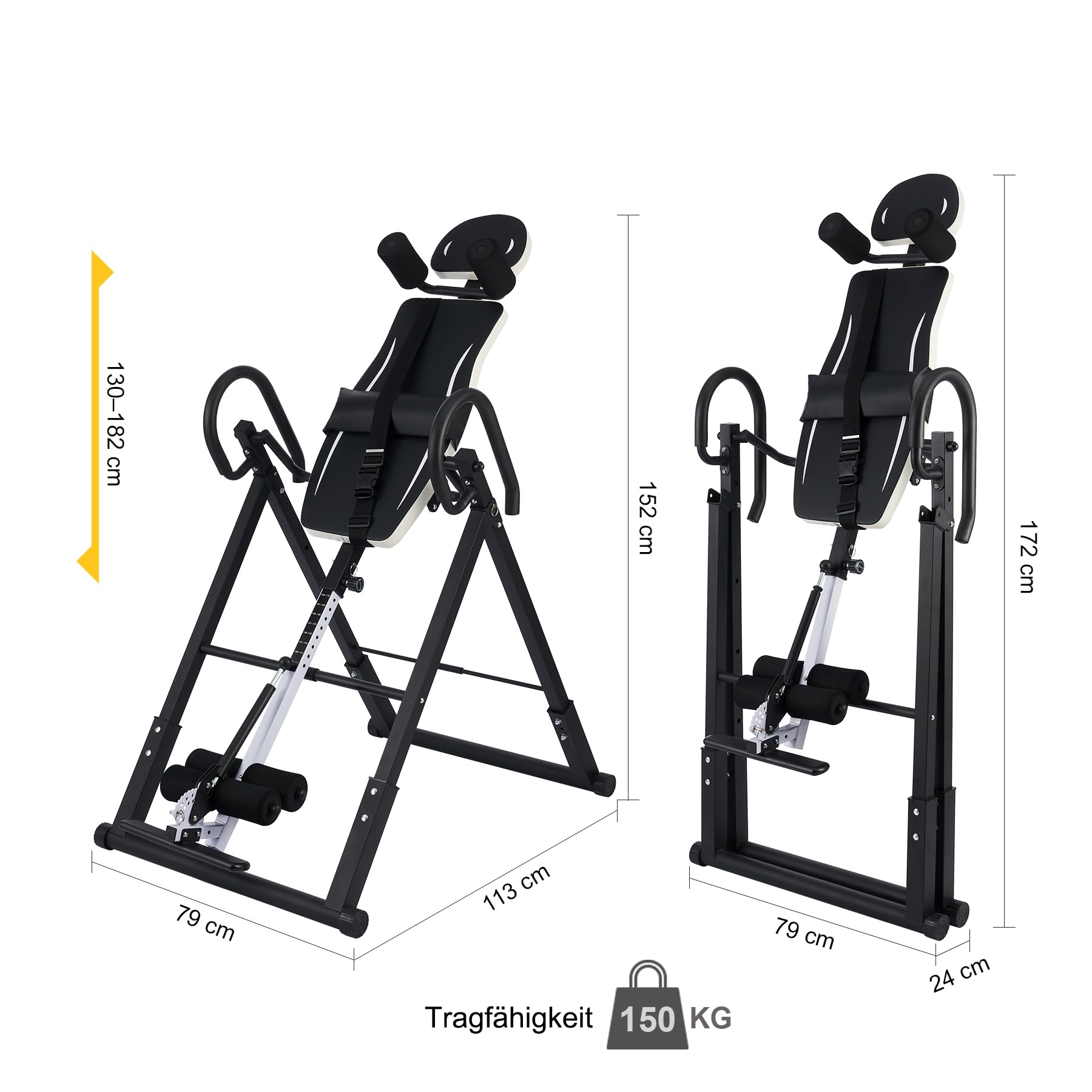 ZELUS Inversionsbank Klappbar Inversionstisch mit Verstellbarer Kopfstütze, Schutzgürtel Schwerkrafttrainer mit 4 Inversionswinkeln Multifunktionsgerät Rückentrainer 150 kg Bauchtrainer Weiß &Schwarz
