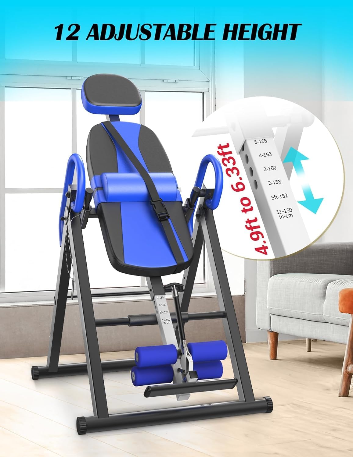 YOLEO Verstellbarer/Faltbarer Inversionsbank Mit Dreifacher Sicherheitsverriegelung, Schwerkraftrainer Mit Sicherheitsgurt Für Die Therapie Zur Linderung Von Rücken-/Nackenschmerzen(Blau)