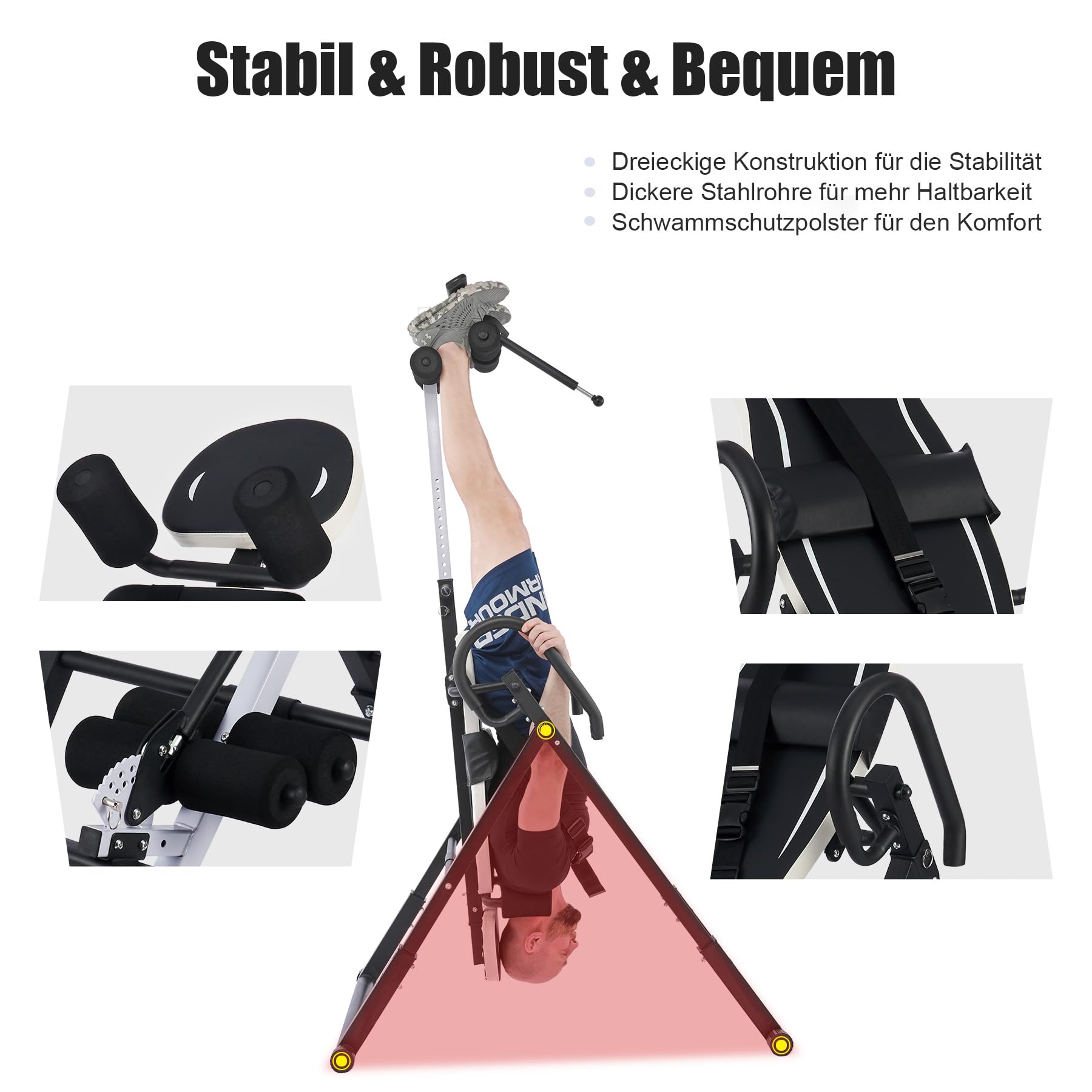 ZELUS Inversionsbank Klappbar Inversionstisch mit Verstellbarer Kopfstütze, Schutzgürtel Schwerkrafttrainer mit 4 Inversionswinkeln Multifunktionsgerät Rückentrainer 150 kg Bauchtrainer Weiß &Schwarz