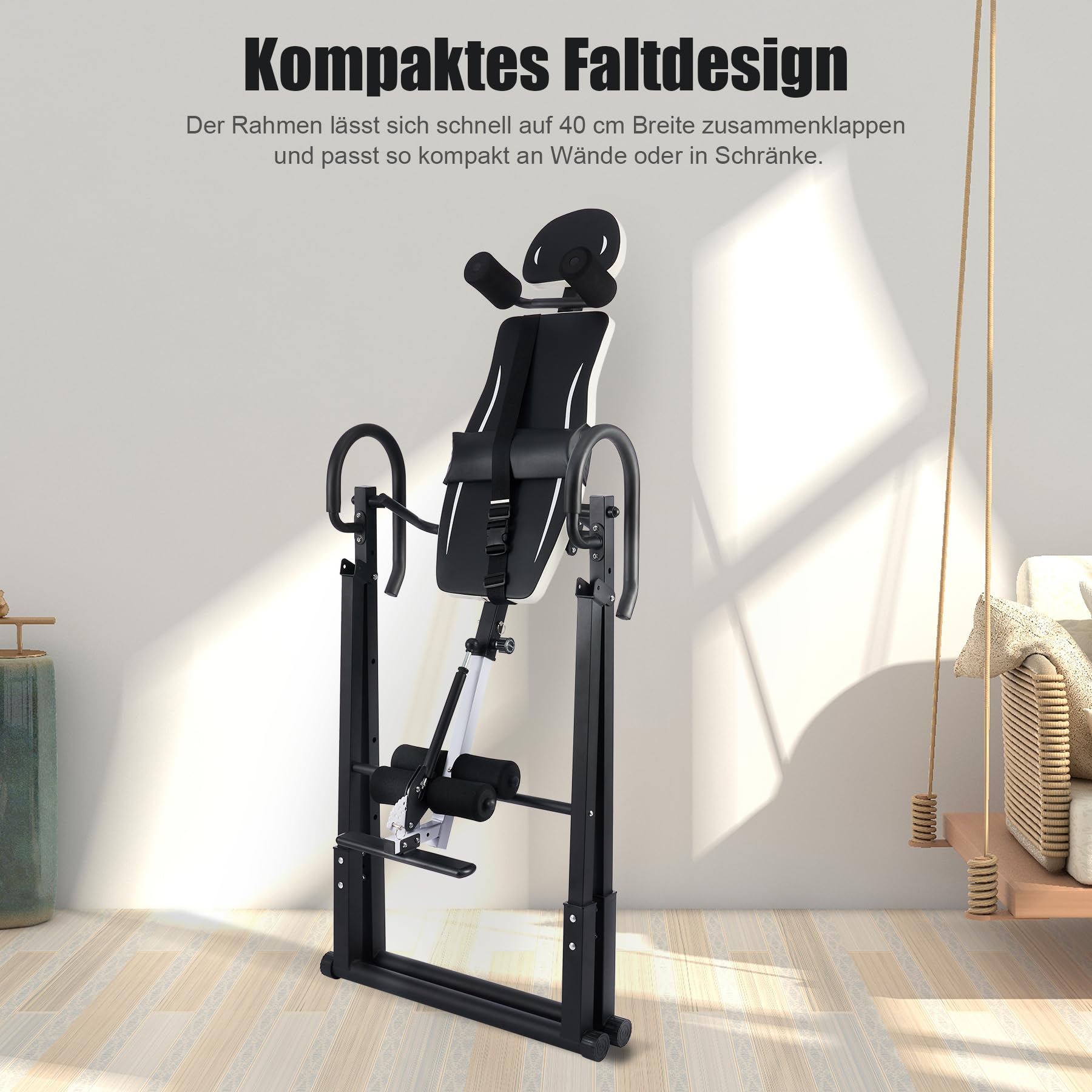 ZELUS Inversionsbank Klappbar Inversionstisch mit Verstellbarer Kopfstütze, Schutzgürtel Schwerkrafttrainer mit 4 Inversionswinkeln Multifunktionsgerät Rückentrainer 150 kg Bauchtrainer Weiß &Schwarz