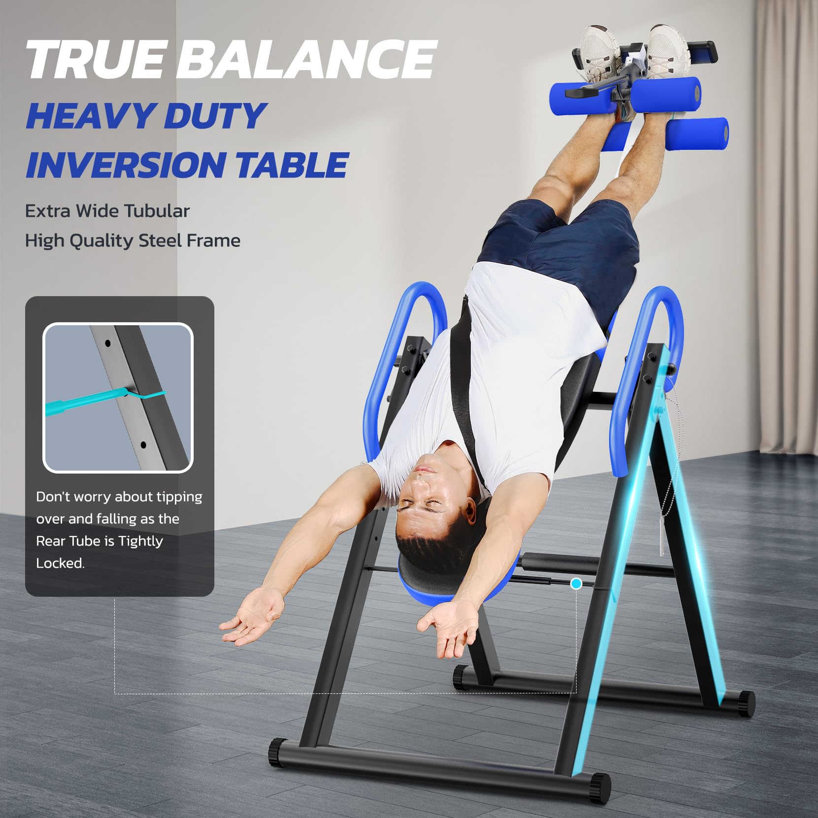 YOLEO Verstellbarer/Faltbarer Inversionsbank Mit Dreifacher Sicherheitsverriegelung, Schwerkraftrainer Mit Sicherheitsgurt Für Die Therapie Zur Linderung Von Rücken-/Nackenschmerzen (Blau und Schwarz)