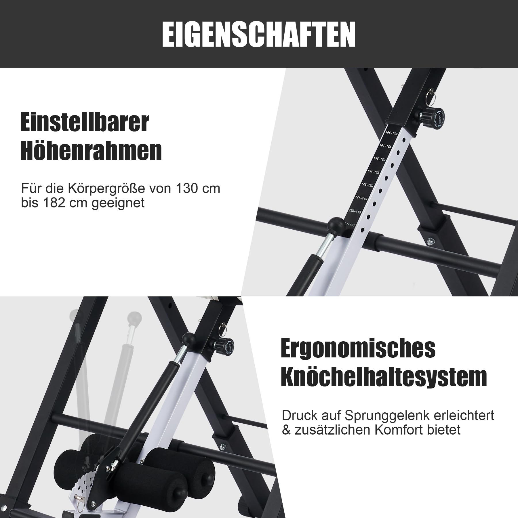 ZELUS Inversionsbank Klappbar Inversionstisch mit Verstellbarer Kopfstütze, Schutzgürtel Schwerkrafttrainer mit 4 Inversionswinkeln Multifunktionsgerät Rückentrainer 150 kg Bauchtrainer Weiß &Schwarz