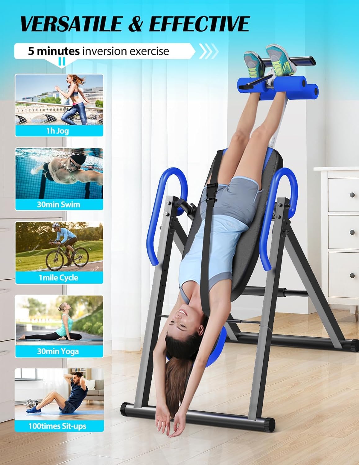 YOLEO Verstellbarer/Faltbarer Inversionsbank Mit Dreifacher Sicherheitsverriegelung, Schwerkraftrainer Mit Sicherheitsgurt Für Die Therapie Zur Linderung Von Rücken-/Nackenschmerzen(Blau)